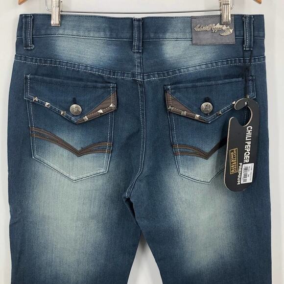 Chili Pepper Men's Jeans 36 Straight Leg Embellished Distressed Med Wash NWT - Picture 5 of 8